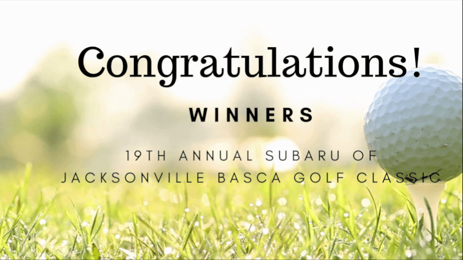 A photo of a putting green at sunset captioned "Congratulations! Winners. 19th annual Subaru of Jacksonville BASCA Golf Classic"