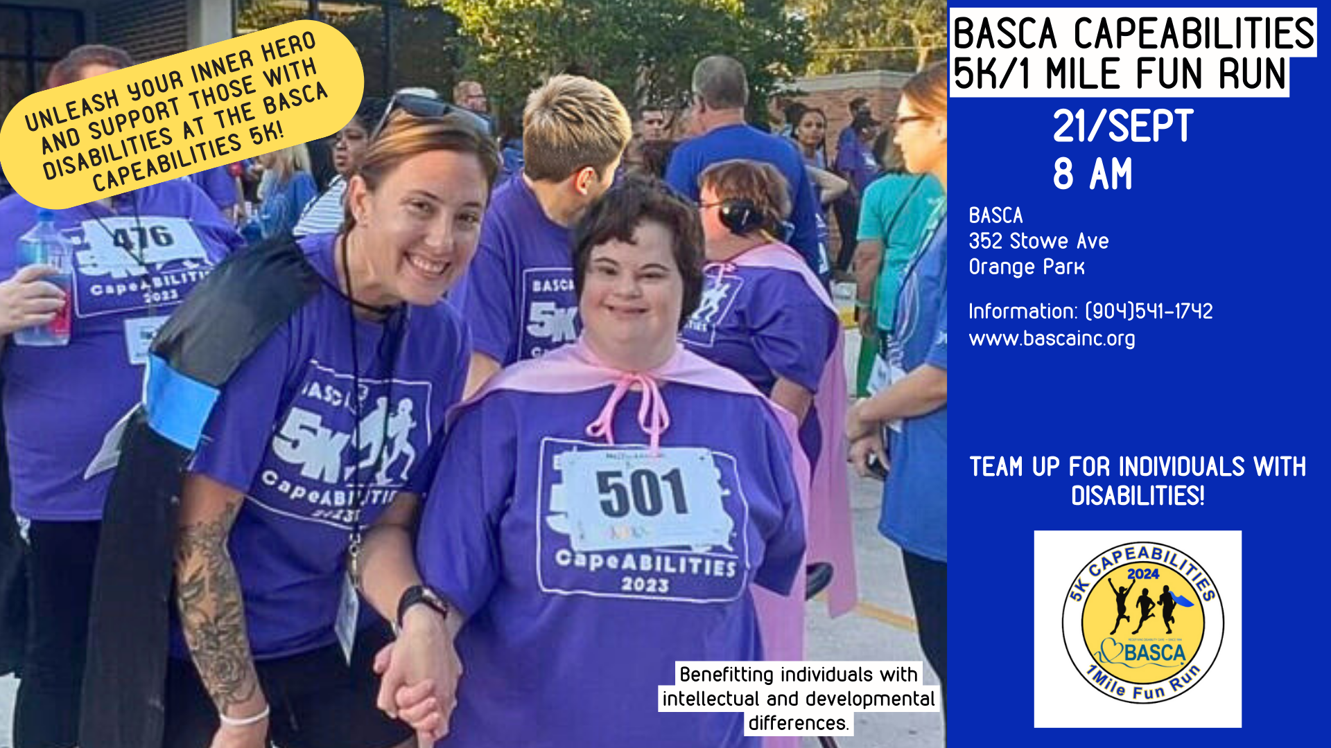 A photograph of two smiling participants in a previous BASCA 5k event, with text announcing the 2024 BASCA 5K.